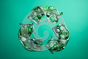 A recycling symbol crafted from compressed plastic bottles, green background