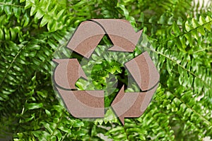 Recycling symbol cut out of kraft paper and fresh green leaves on background