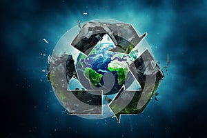 Recycling symbol, Earth in background. Environmental protection, ecology, recycle concept