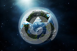 Recycling symbol, Earth in background. Environmental protection, ecology, recycle concept