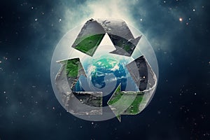 Recycling symbol, Earth in background. Environmental protection, ecology, recycle concept