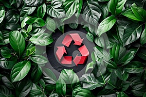 Recycling symbol among fresh green leaves.