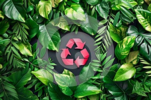 Recycling symbol among fresh green leaves.