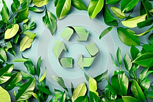 Recycling symbol among fresh green leaves.