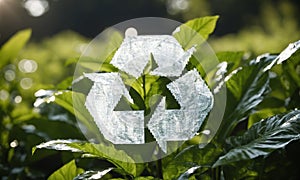 Recycling symbol on green leaves background. Environment conservation concept.