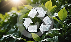 Recycling symbol on green leaves background. Environment conservation concept.