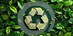 Recycling symbol with green leaves on dark background