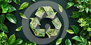 Recycling symbol with green leaves on dark background