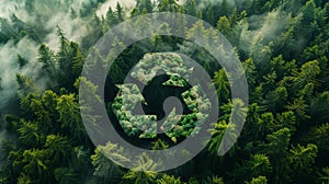 Recycling symbol in green nature with trees and forest background. Ecological concept . Generative AI