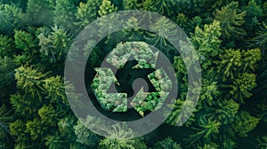 Recycling symbol in green nature with trees and forest background. Ecological concept . Generative AI
