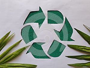 recycling symbol in green, palm leaves and white background