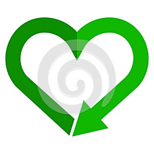 Recycling symbol in heart shape, reload sign, love earth color icon. Recycle heart flat isolated icon for web. Flat style. Vector