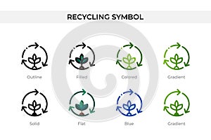 Recycling symbol icon in different style. Recycling symbol vector icons designed in outline, solid, colored, filled, gradient, and