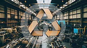 A recycling symbol integrated into a factory\'s production line