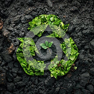 Recycling symbol made of fresh green leaves on black soil background