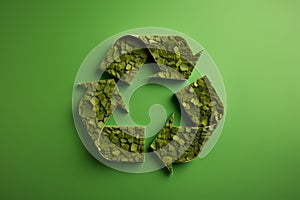 Recycling symbol made of green paper. Environmental protection, ecology, recycling concept