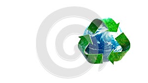 Recycling symbol with planet earth, white background, copy space. Generative AI