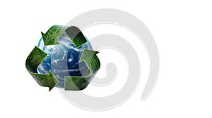 Recycling symbol with planet earth, white background, copy space. Generative AI