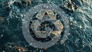 Recycling symbol surrounded by discarded plastic on a polluted shore, conveying environmental threat photo