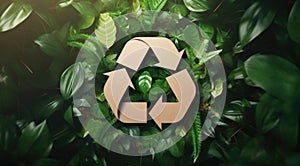 Recycling symbol surrounded by green leaves. Environment conservation concept.