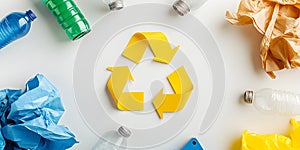 Recycling symbol surrounded by plastic and paper waste photo