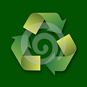 Recycling Symbol - three folded green arrows that form a triangle on dark green background