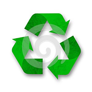 Recycling Symbol - three folded from green Recycle Paper arrows that form a triangle isolated on white background