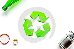 recycling symbol with waste on white background top view mock up