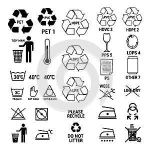 Recycling symbols and care instructions