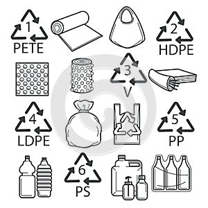 Recycling symbols, plastic packaging or wrapping isolated icons