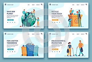 Recycling trash landing page. People collecting and sorting garbage for recycle. Eco lifestyle. Reduce environment
