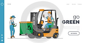 Recycling, Trash Storage for Further Disposal Landing Page Template. Worker Character Driving Forklift Truck