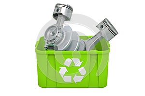 Recycling trashcan with engine pistons, 3D rendering