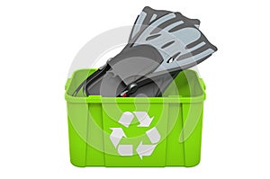 Recycling trashcan with flippers, swimfins. 3D rendering