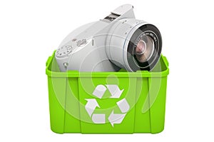 Recycling trashcan with mirrorless digital camera, 3D rendering