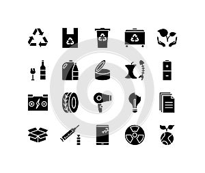 Recycling waste flat line icons set. Garbage separation, waste sorting - paper, glass, plastic, metal. Simple flat vector