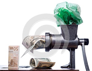 Recycling waste into money. Recycling cellophane into money. Garbage disposal. The meat grinder twists the garbage