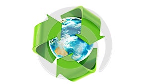 Recycling world concept. Recycle symbol rotating around the Earth Globe, 3D rendering