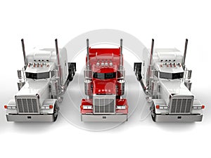 Red 18 wheeler truck in between two white trucks - top down view