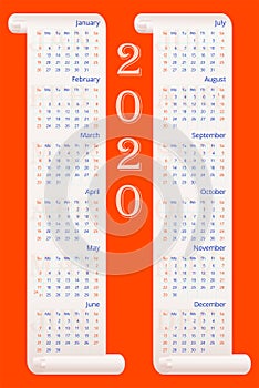 Red 2020 wall calendar on light gradient parchments with place for your logo, company name, website.