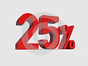 Red 25% Percent Discount 3d Sign on White Background