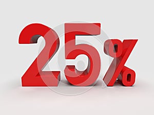 Red 25% Percent Discount 3d Sign on White Background