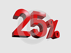 Red 25% Percent Discount 3d Sign on White Background