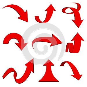 Red 3d arrows. Bent and curled up icons