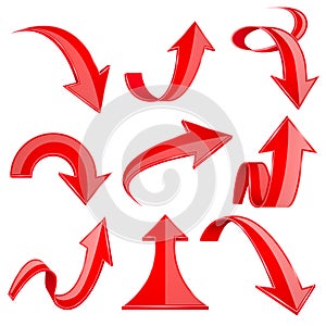 Red 3d arrows. Bent and curled up shiny icons