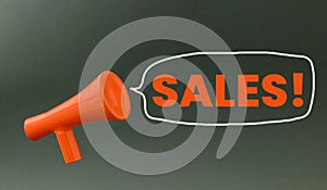 Red 3d megaphone with the word Sales written in the speech balloon against black background. Advertisement idea. Minimal banner ad