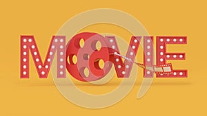 Red 3d movie type-text letters roll film yellow background 3d render movie,cinema,entertainment concept