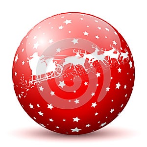Red 3D Sphere with White Starlets and Santa Claus with Reindeer