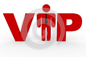 Red 3D text VIP. Man replacing i letter.