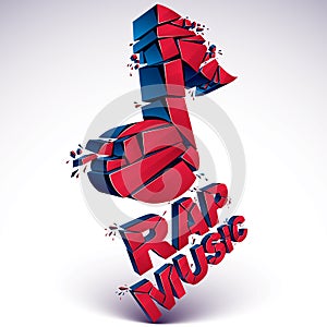 Red 3d vector shattered musical note with specks and refractions. Dimensional facet design music demolished symbol. Rap music